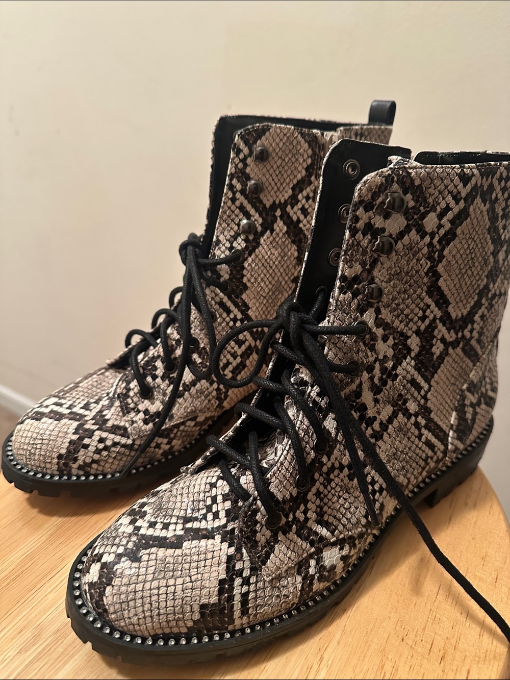Express Snake-Print Lace-Up Combat Boots - Black & Cream